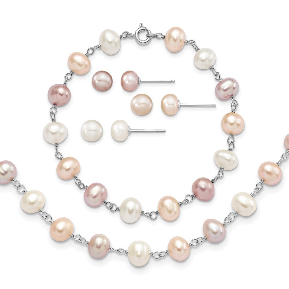 Kazi Luxury Sterling Silver RH White/Pink/Purple FWC Pearl Neck/Bracelet/Ear Set